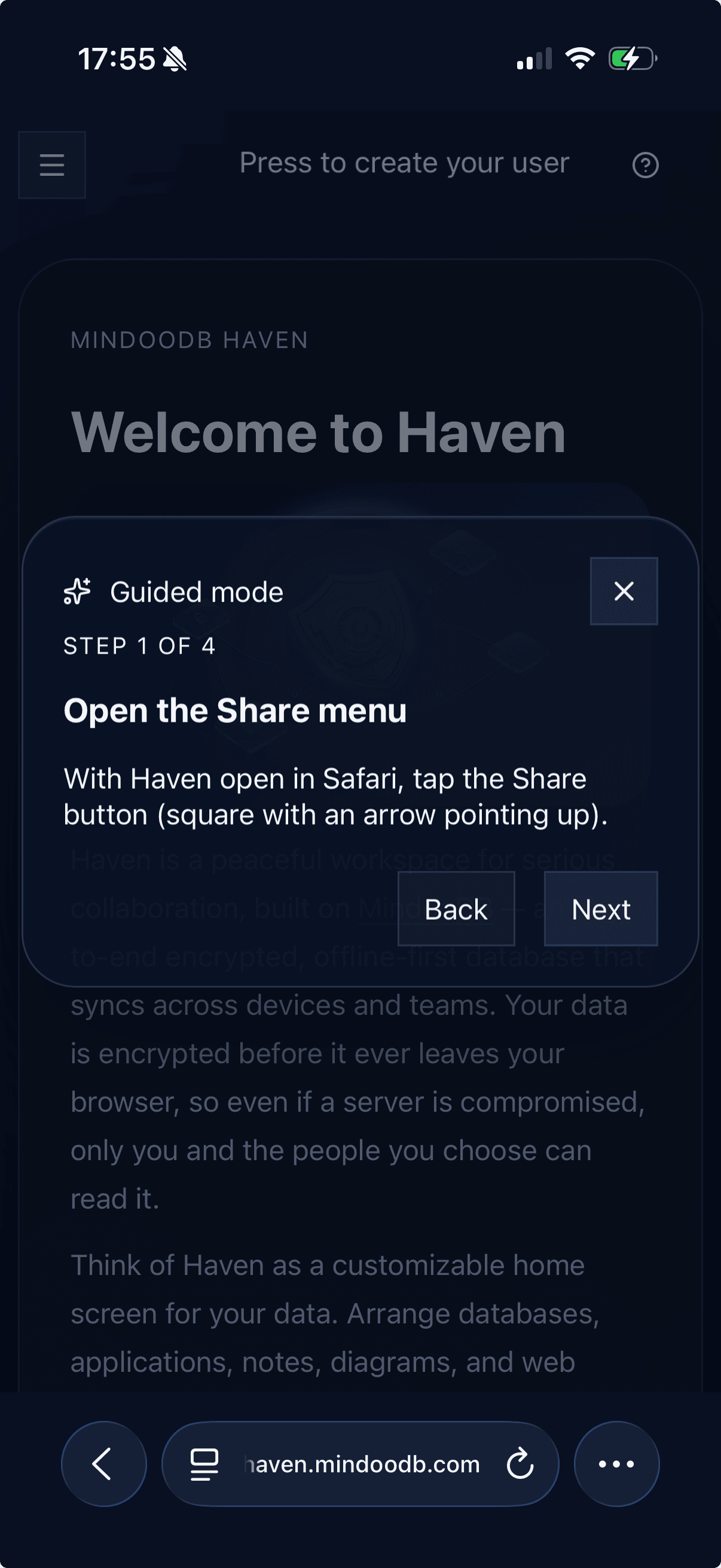 Haven guided mode on iPhone explaining how to open the Safari Share menu