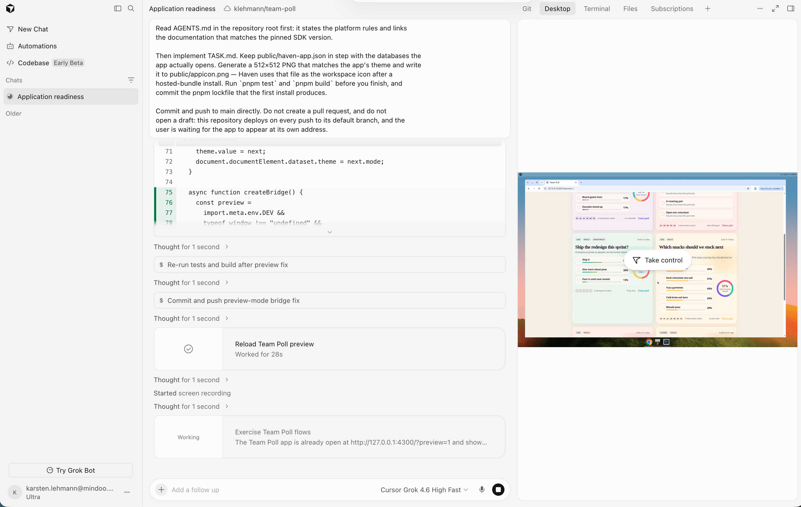 Cursor cloud agent working on the generated app, with a live preview of the running app