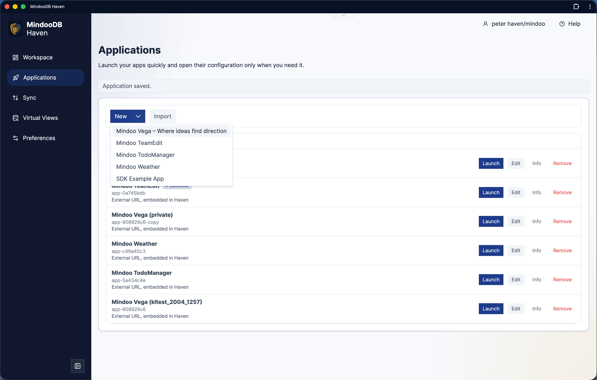 Haven Applications page for adding, importing, configuring, launching, and placing apps on workspace pages