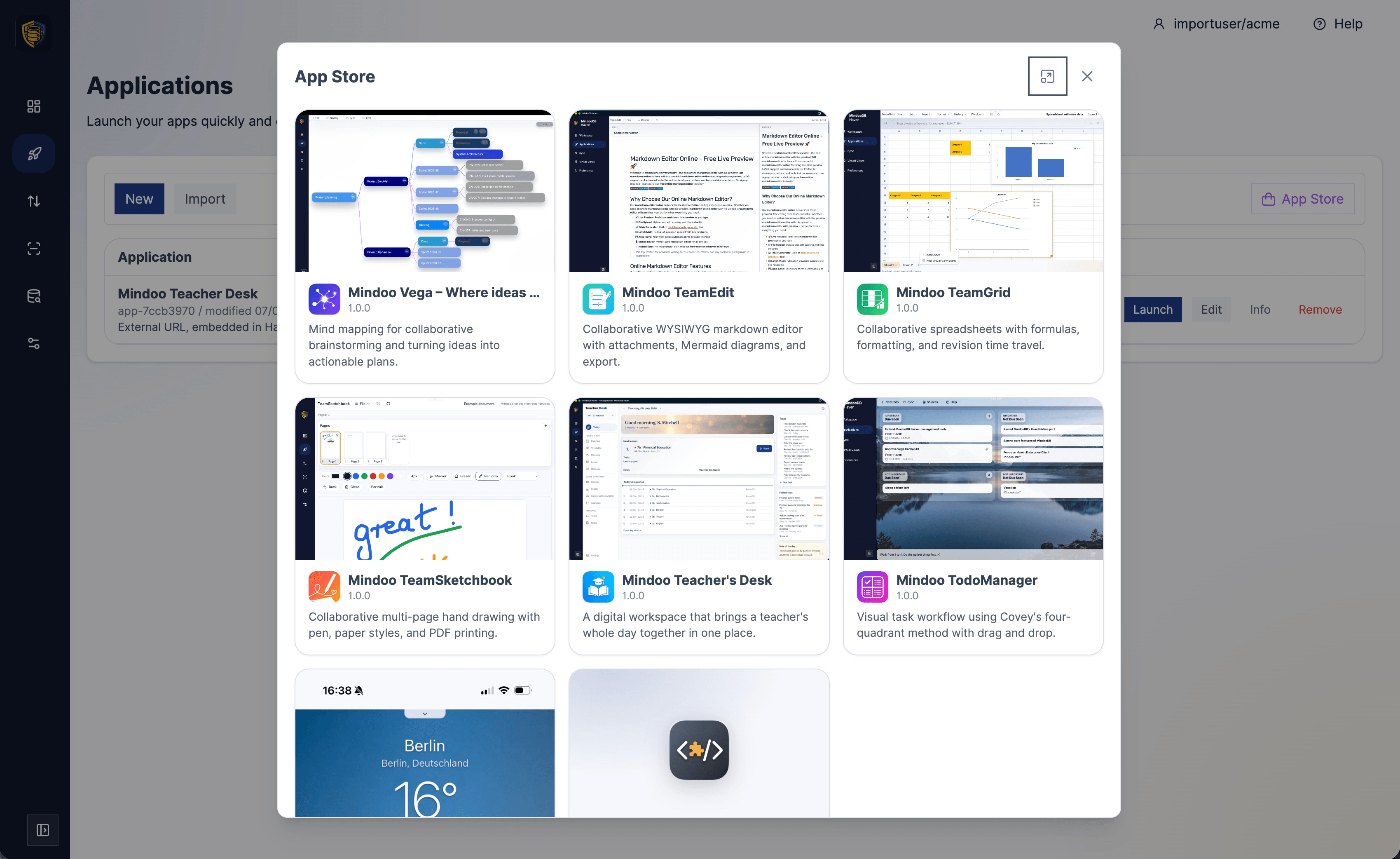 Haven App Store overview grid showing MindooDB apps including Mindoo Vega, TeamEdit, TeamGrid, TeamSketchbook, Teacher's Desk, and TodoManager, each with an icon, name, and short description