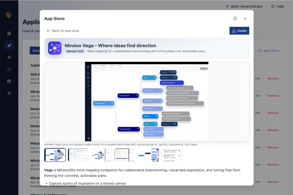 Haven App Store detail view of Mindoo Vega with screenshot gallery, description, and Install button