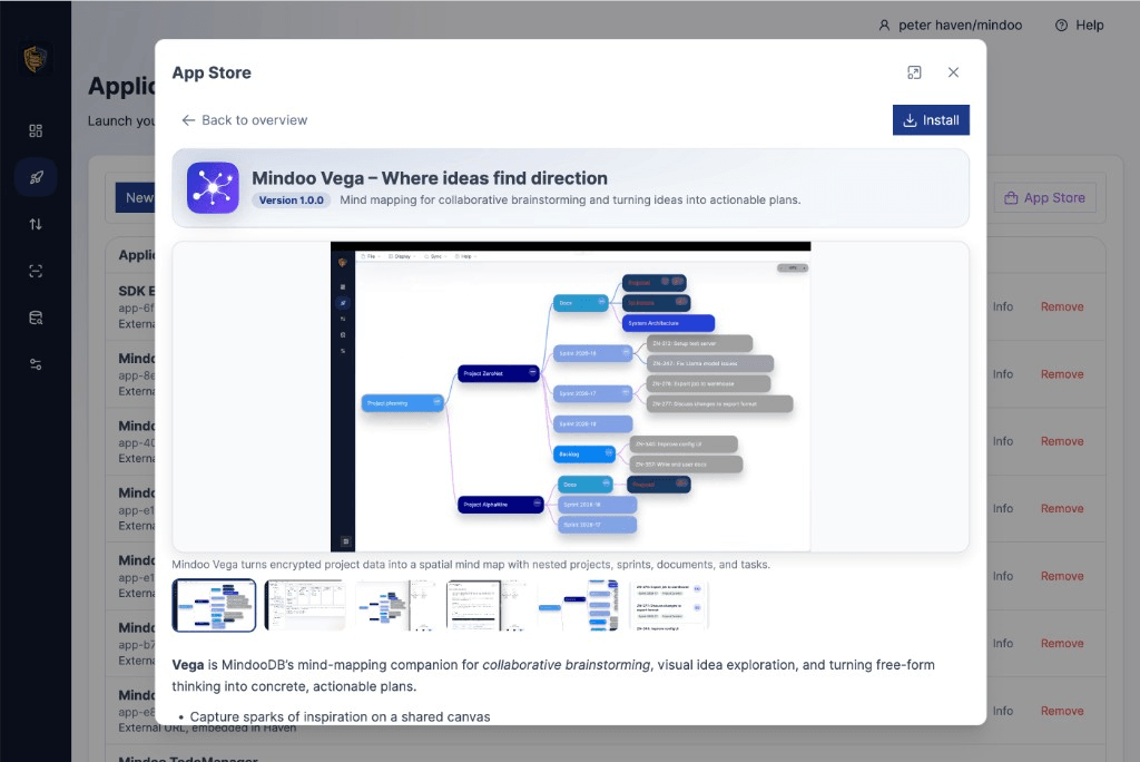 Haven App Store detail page for Mindoo Vega showing the app icon, version, a large screenshot with a thumbnail strip, and a descriptive text about the mind-mapping app