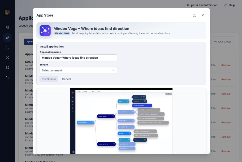 Haven App Store install dialog for Mindoo Vega with an application name field, a tenant selection dropdown, and an Install now button