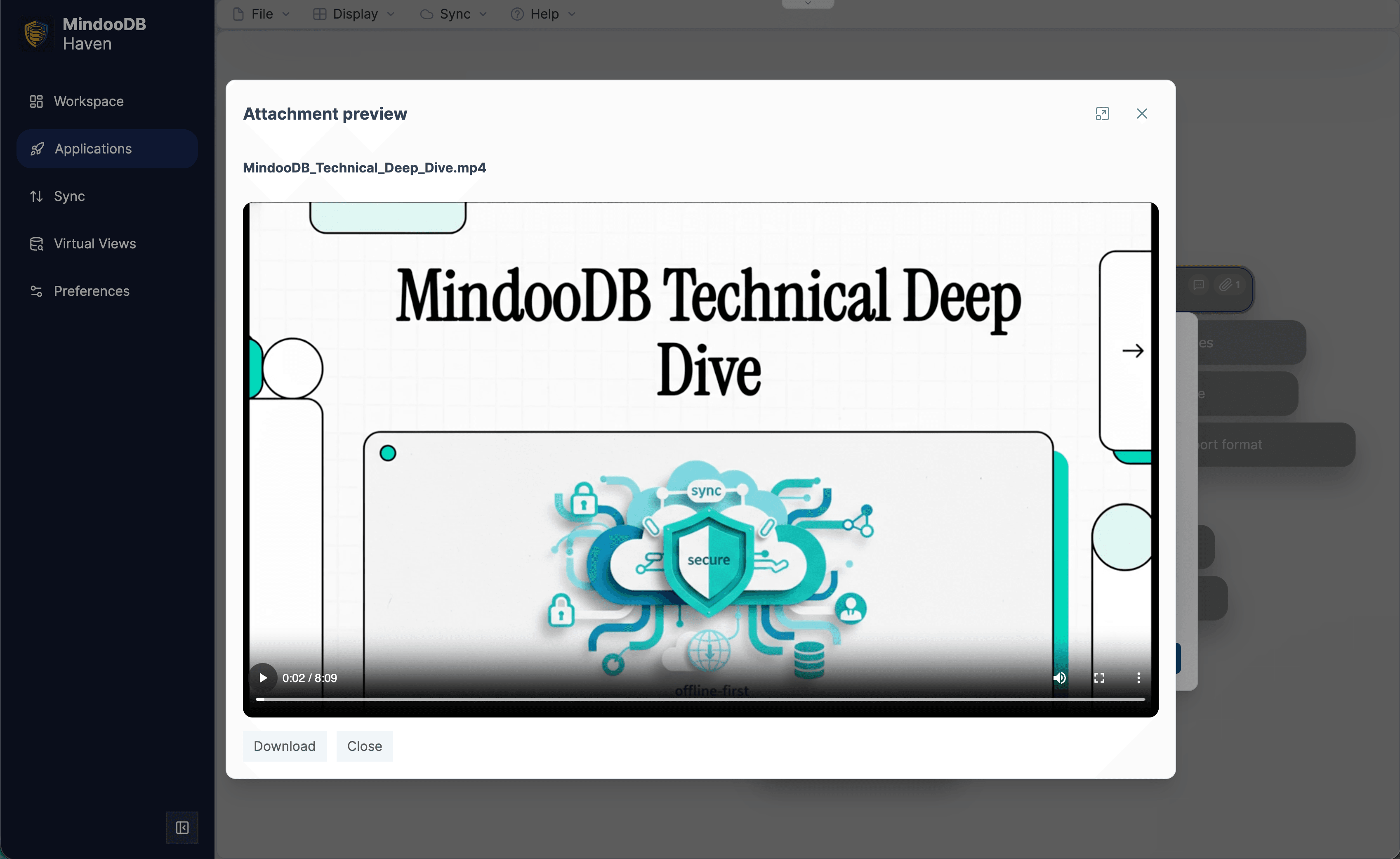 Haven attachment preview dialog playing an MP4 video attachment inline
