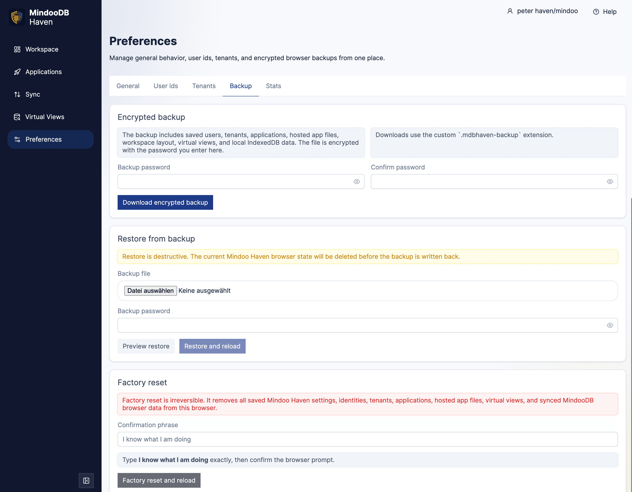 Haven Preferences backup tab for downloading encrypted backups, restoring from backup, and factory reset