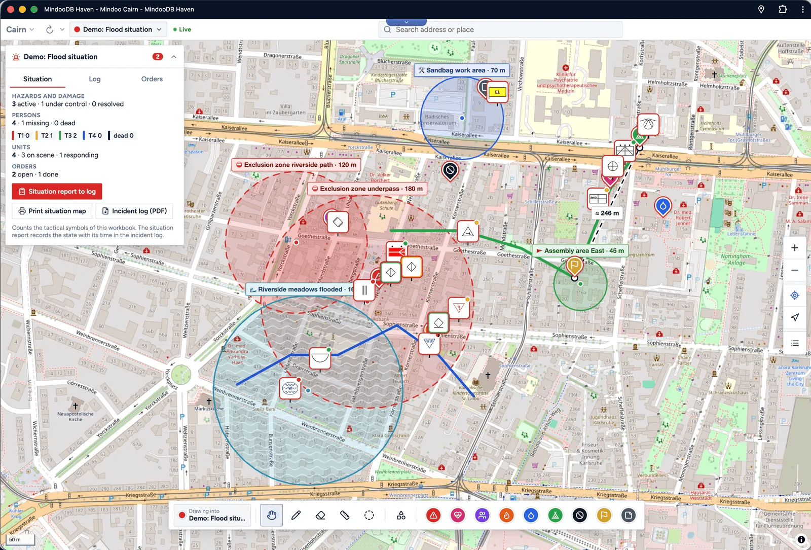 Mindoo Cairn flood situation demo with red exclusion zones, a blue flooded area, tactical symbols, a sandbag work area, and a situation panel counting hazards, persons, units and orders