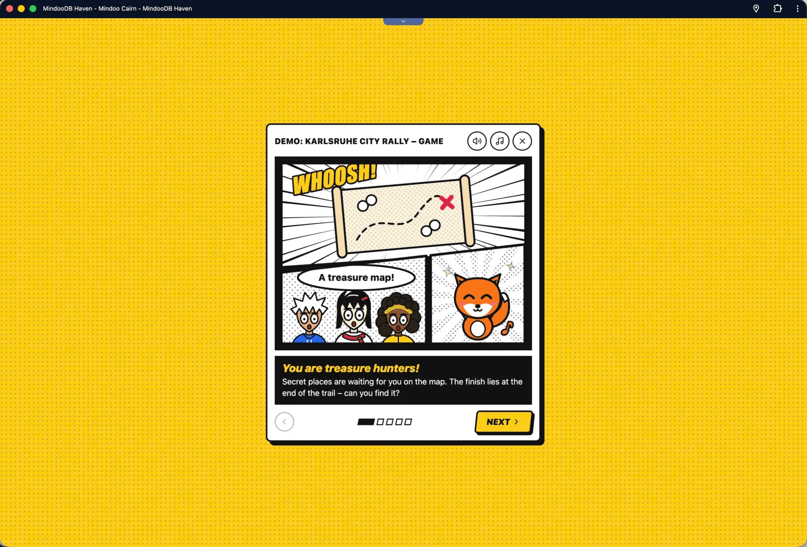 Comic panel from the Cairn scavenger hunt intro: three children and a fox look at a treasure map, captioned You are treasure hunters