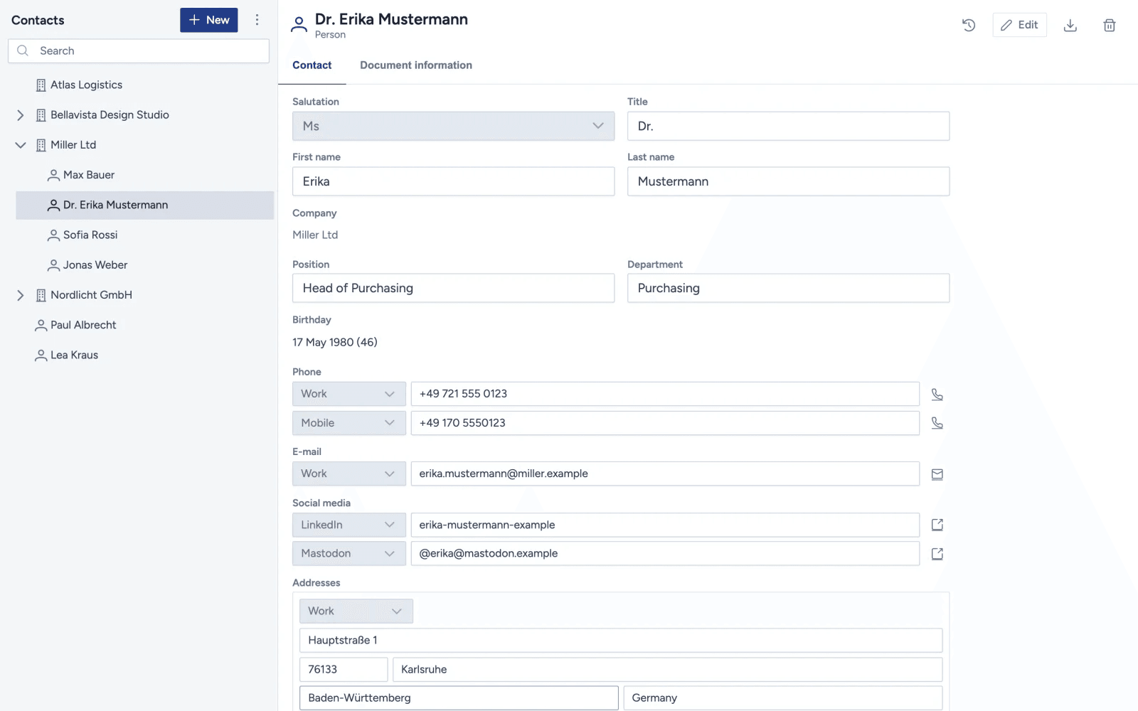 Mindoo Contacts showing the person Dr. Erika Mustermann of Miller Ltd: salutation, title, name, position Head of Purchasing, department, birthday with age, work and mobile numbers, e-mail, LinkedIn and Mastodon accounts and a work address