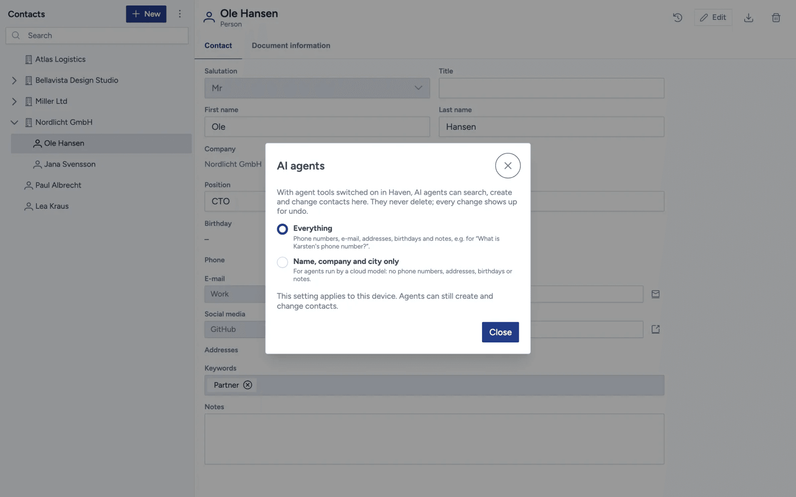 Mindoo Contacts with the AI agents dialog open over a contact: the options Everything and Name, company and city only, with a note that agents never delete and that the setting applies to this device