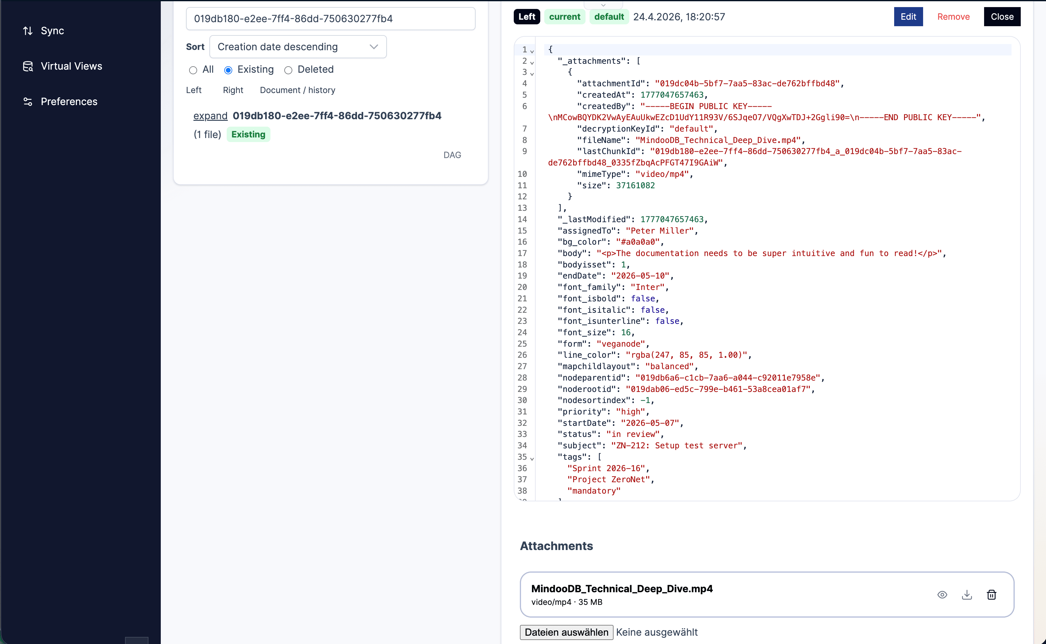 Haven database browser showing document attachments and attachment controls beside the JSON editor