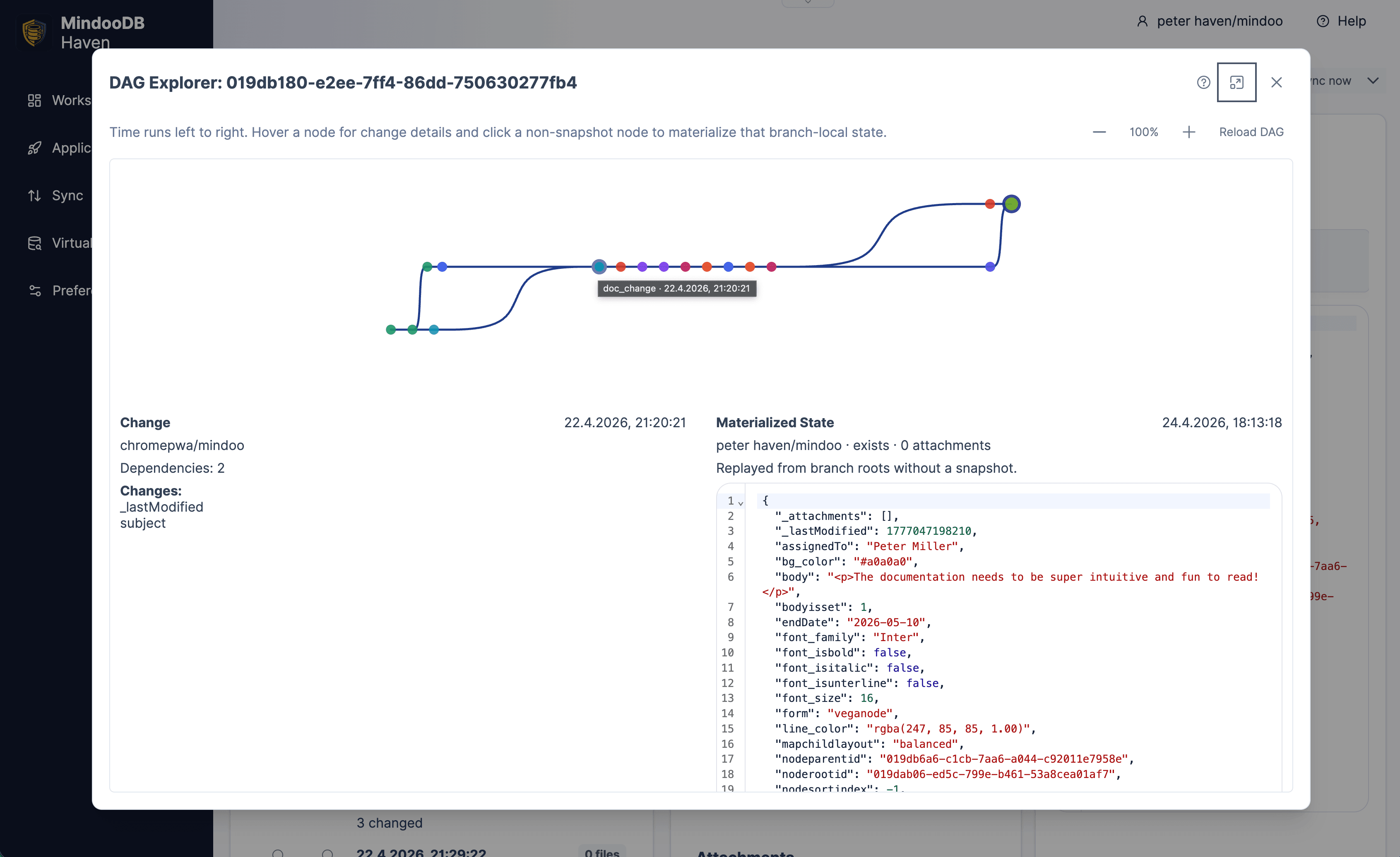 Haven DAG explorer showing concurrent branches and an auto-merged document result after sync