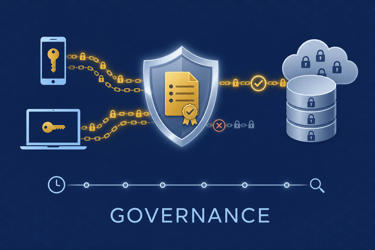 Governance built into the core: client devices send signed write requests through a policy gate of admin-signed rules; allowed writes reach the encrypted database while denied writes are blocked, with an audit timeline showing point-in-time authorization