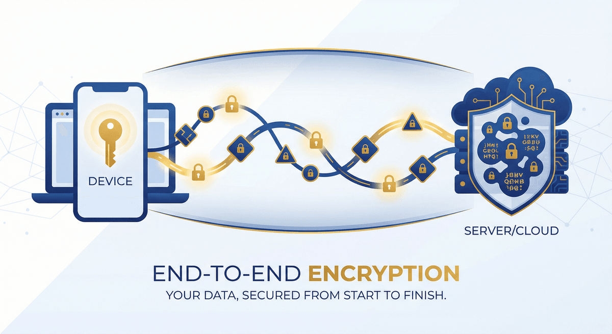 End-to-end encryption concept showing data encrypted from device to server or cloud