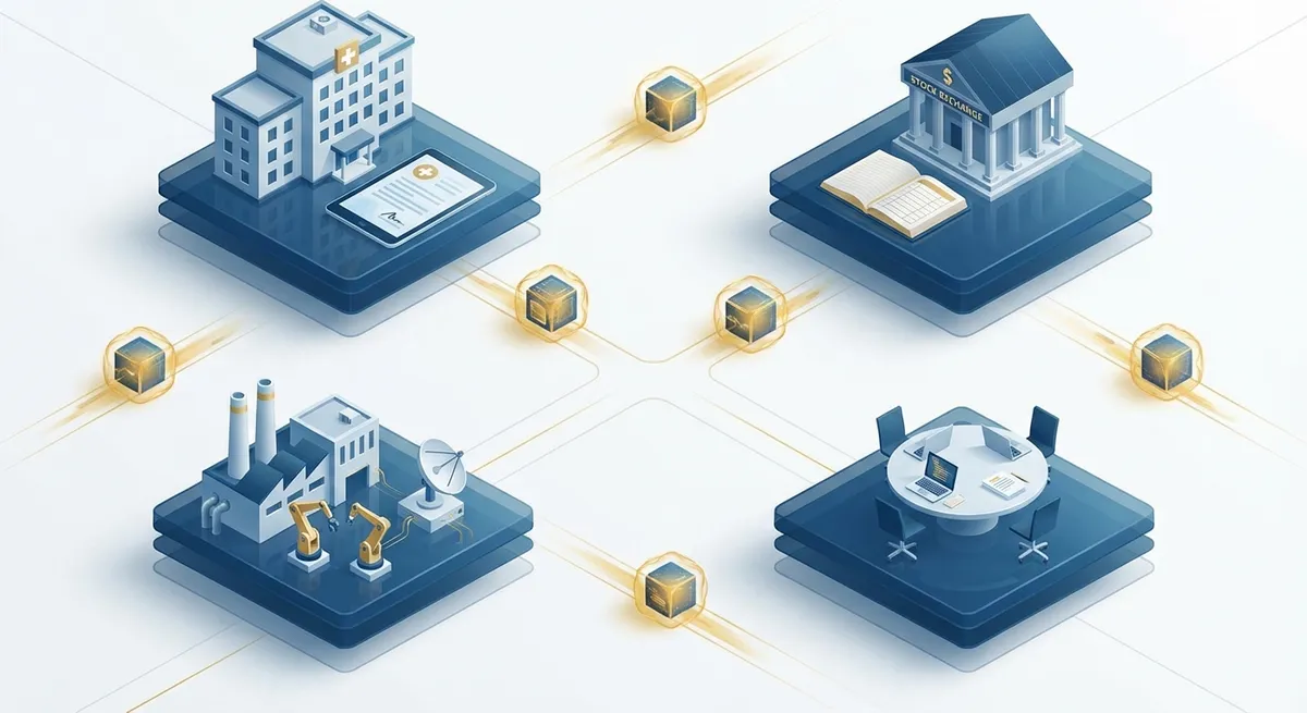 Four industry sectors: Healthcare with HIPAA compliance, Financial Services with SOX/PCI-DSS, IoT & Edge Computing with offline operation, and Collaborative Workspaces with real-time editing