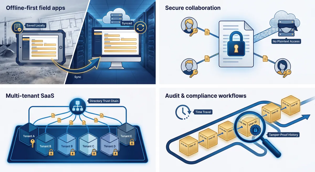 Six use case scenarios: offline-first apps, secure collaboration, multi-tenant SaaS, audit workflows, encrypted files, and cross-org reporting
