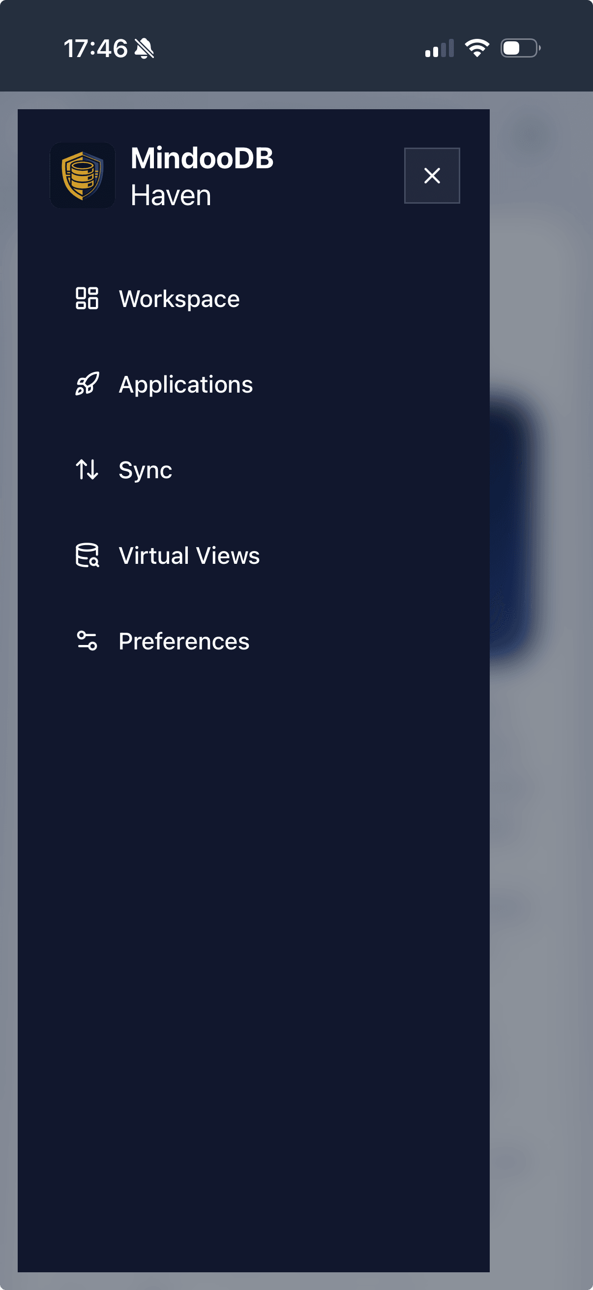Haven mobile sidebar expanded on iPhone