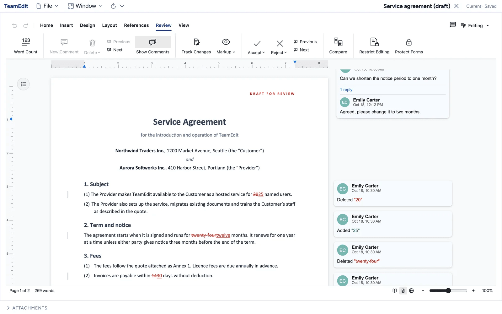 Mindoo TeamEdit with the Word document Service agreement (draft) and the Review tab open: struck-through deletions and inserted text in the clauses, and on the right a comment asking to shorten the notice period with a reply, plus change cards by Emily Carter