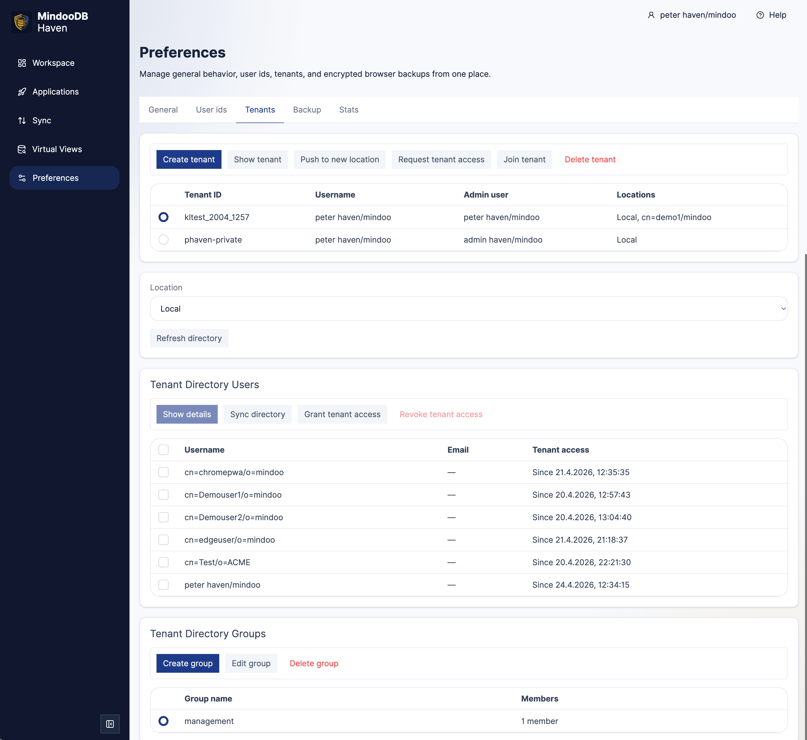 Haven tenant management view showing tenant-level context
