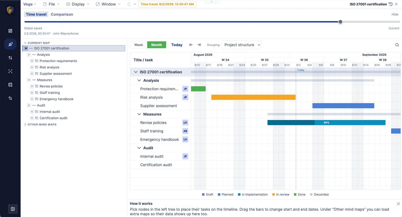 Mindoo Vega in time travel mode with a slider running from the oldest saved state to the current one, a badge naming the selected date, and the Gantt chart rendered read-only as it stood on that date