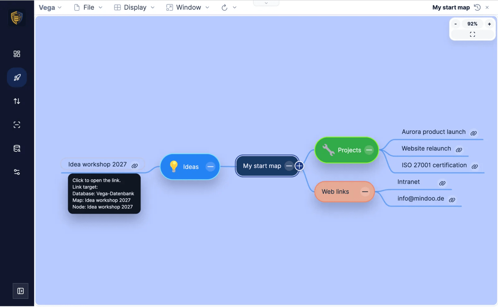A Mindoo Vega start map whose nodes link to other mind maps and to web addresses, with a tooltip naming the link target database, map, and node