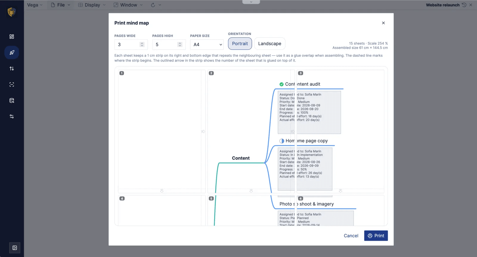 The Print mind map dialog in Mindoo Vega with fields for pages wide and high, paper size, and orientation, reporting fifteen A4 sheets and the assembled size, above a preview of numbered sheets with glue strips
