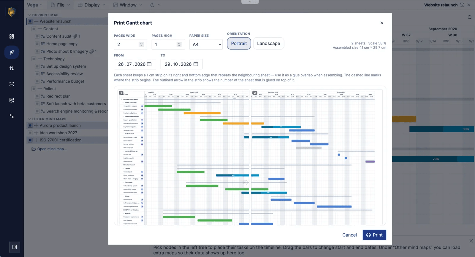 The Print Gantt chart dialog in Mindoo Vega with a from and to date, page count fields, and a two-sheet preview of the timeline