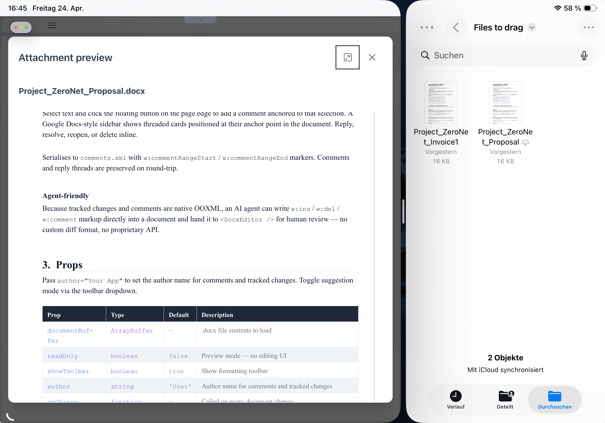 Mindoo Vega on iPadOS showing an attachment preview inside the Haven workspace