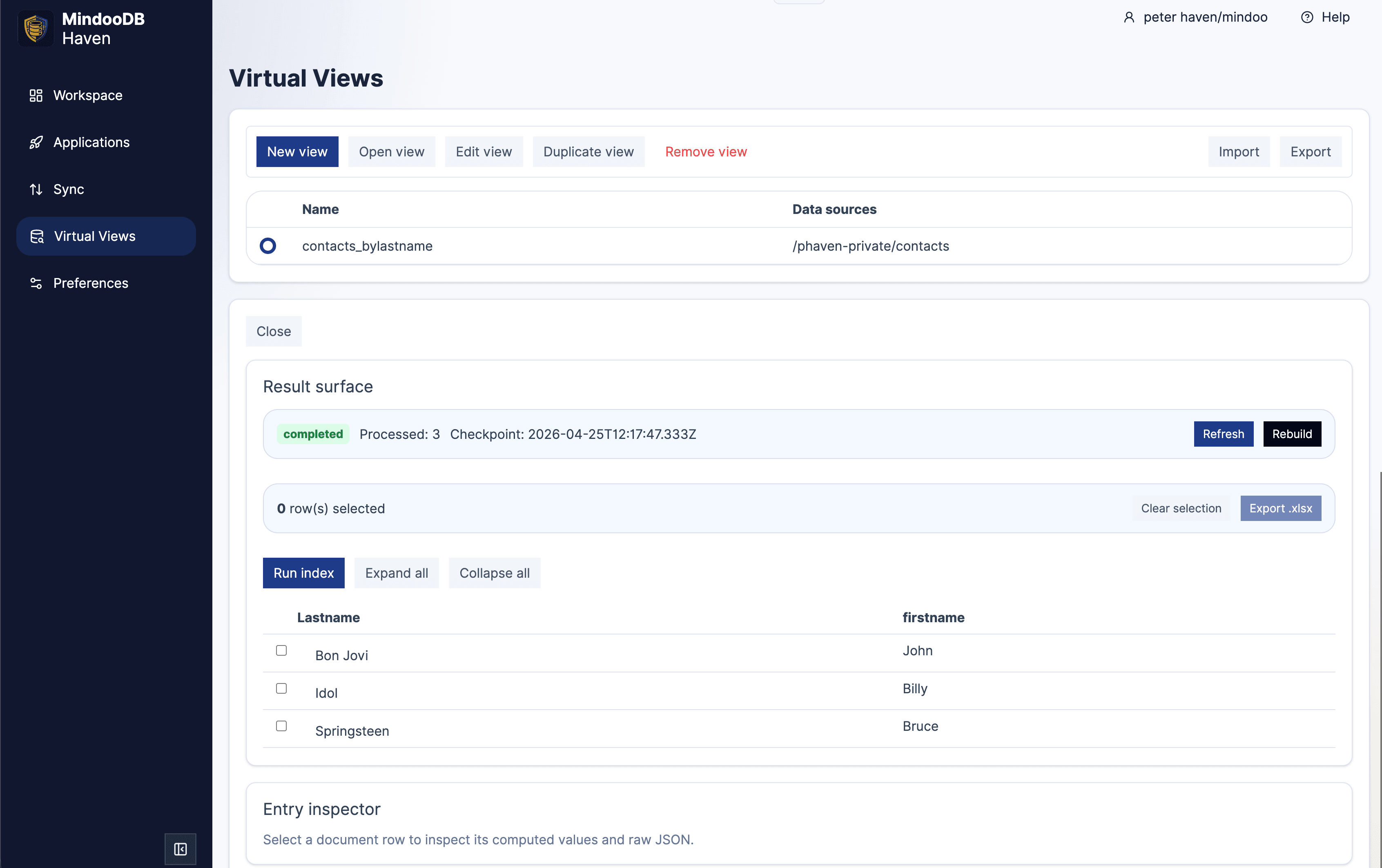Haven Virtual Views result surface previewing computed rows