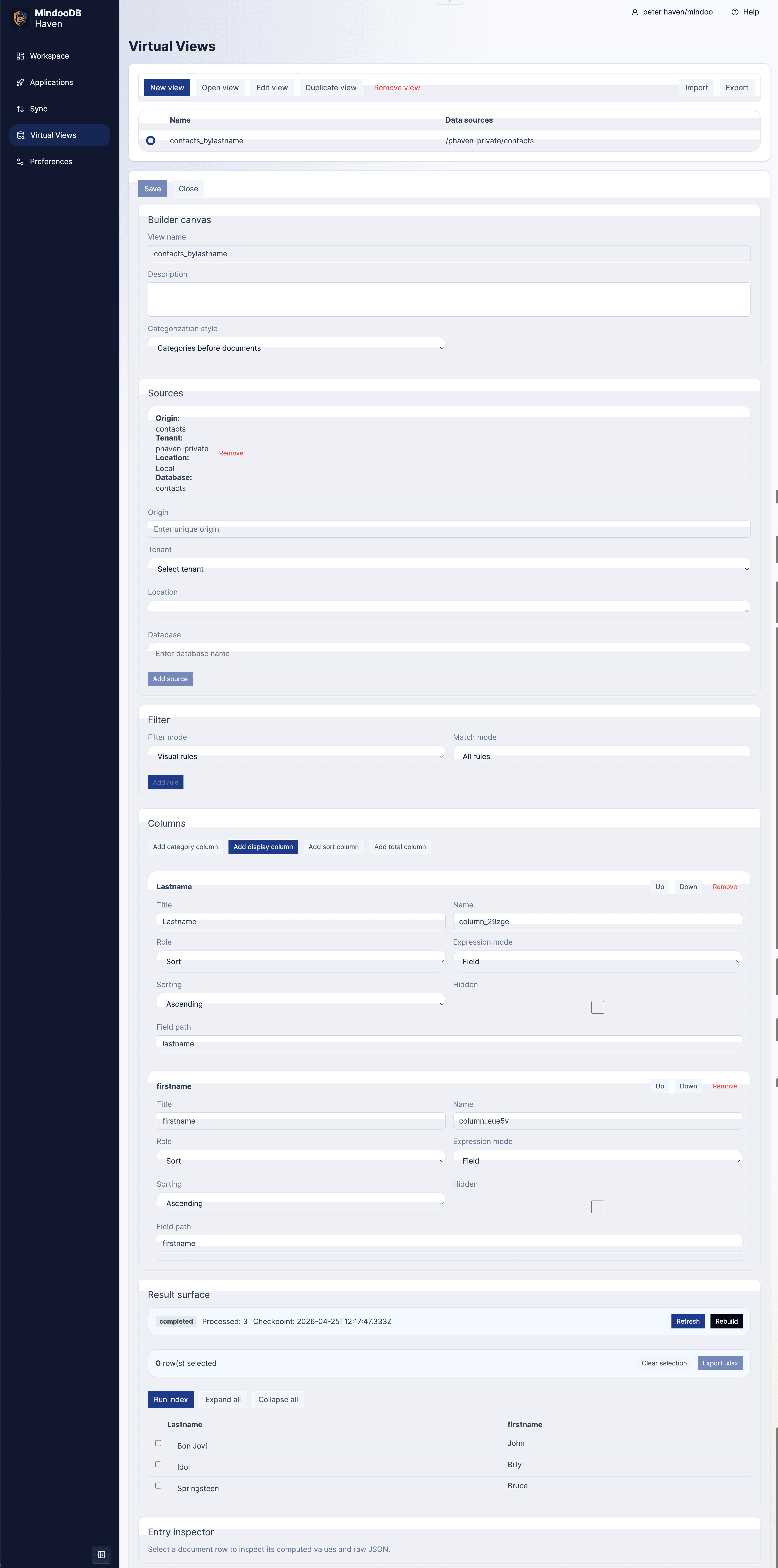 Haven Virtual Views full configuration page with builder canvas and result preview