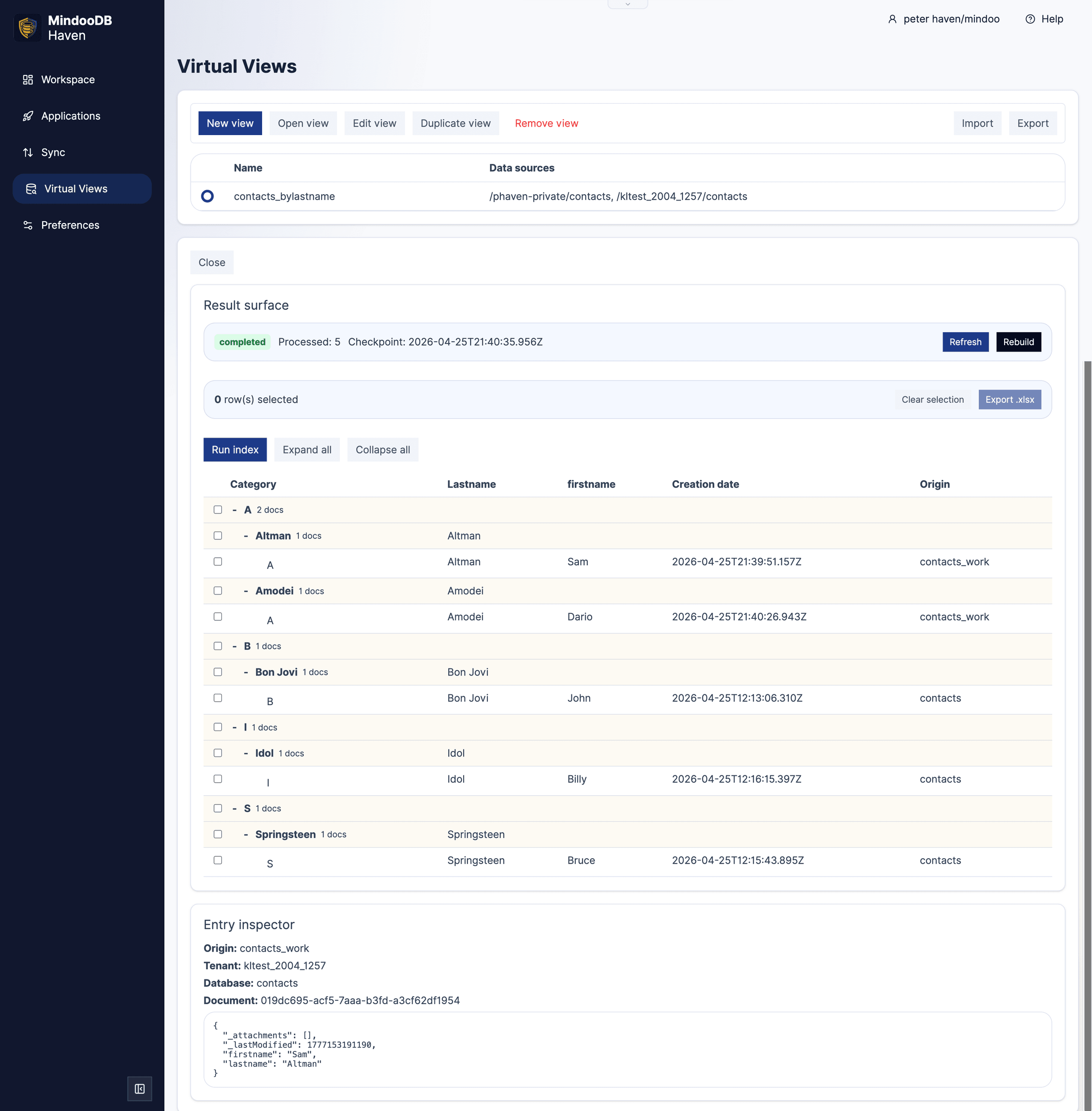 Haven Virtual Views result surface showing a multi-level categorized contacts view across two databases