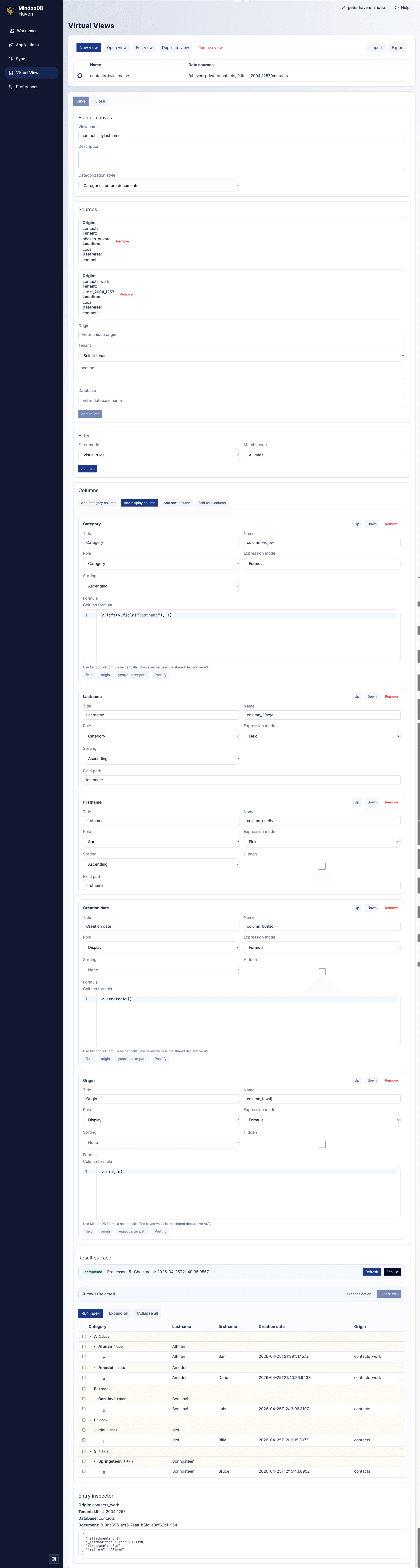 Haven Virtual Views designer showing expressions for computing categories, columns, creation dates, and origin databases