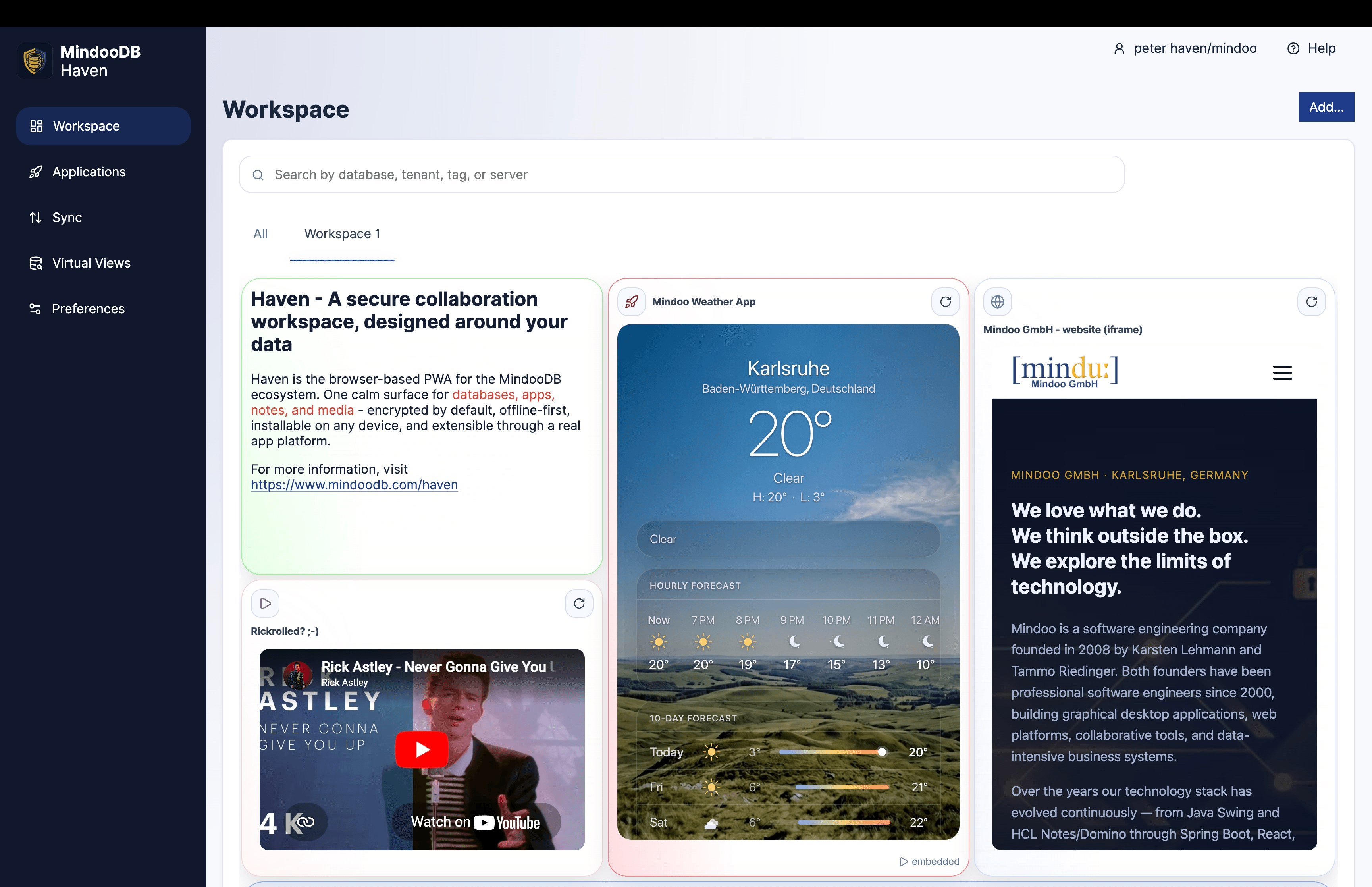 Haven workspace showing notes, weather, an embedded website, and a video tile on one workspace page