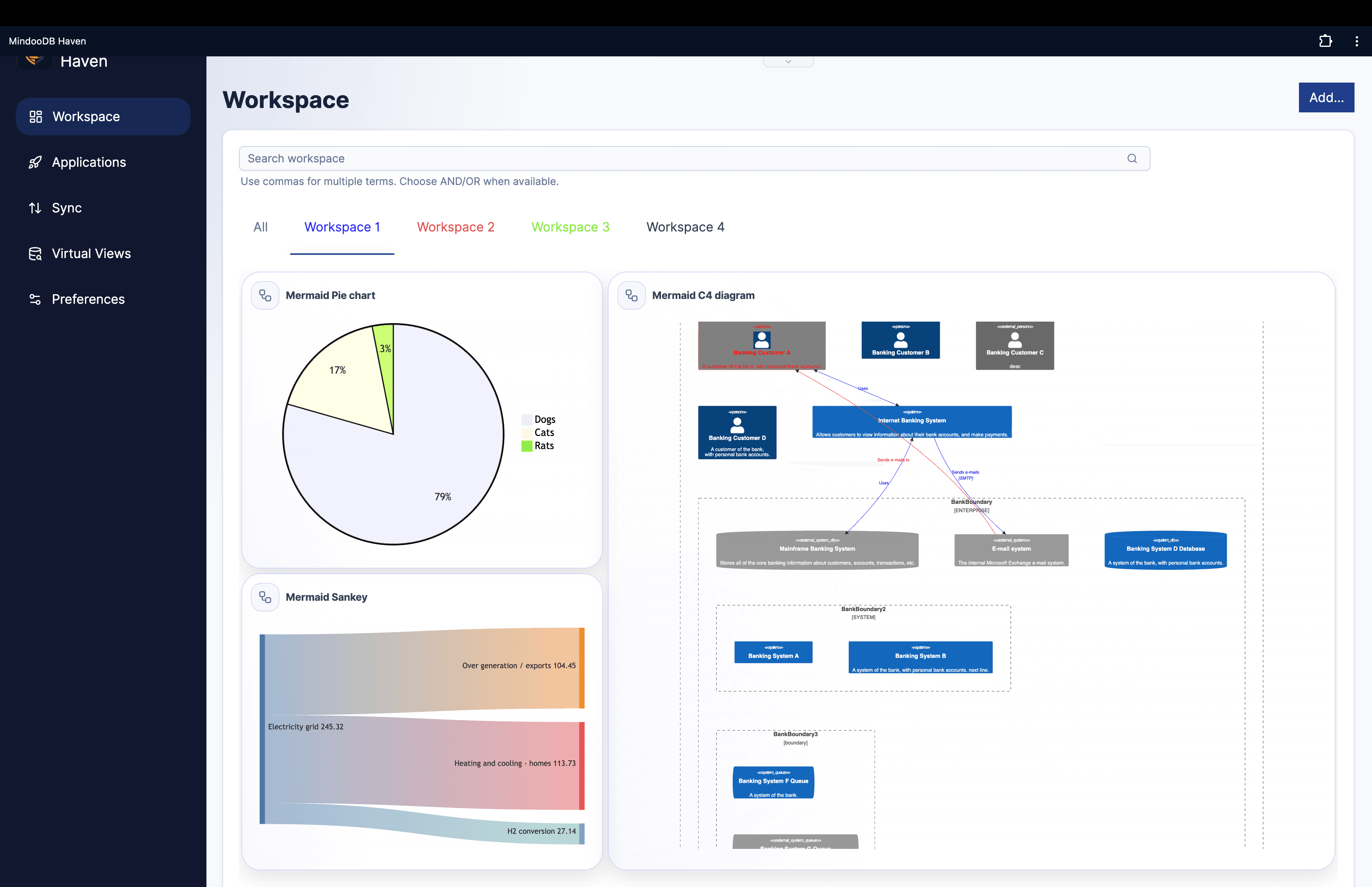 Haven workspace showing Mermaid diagram tiles on a workspace page