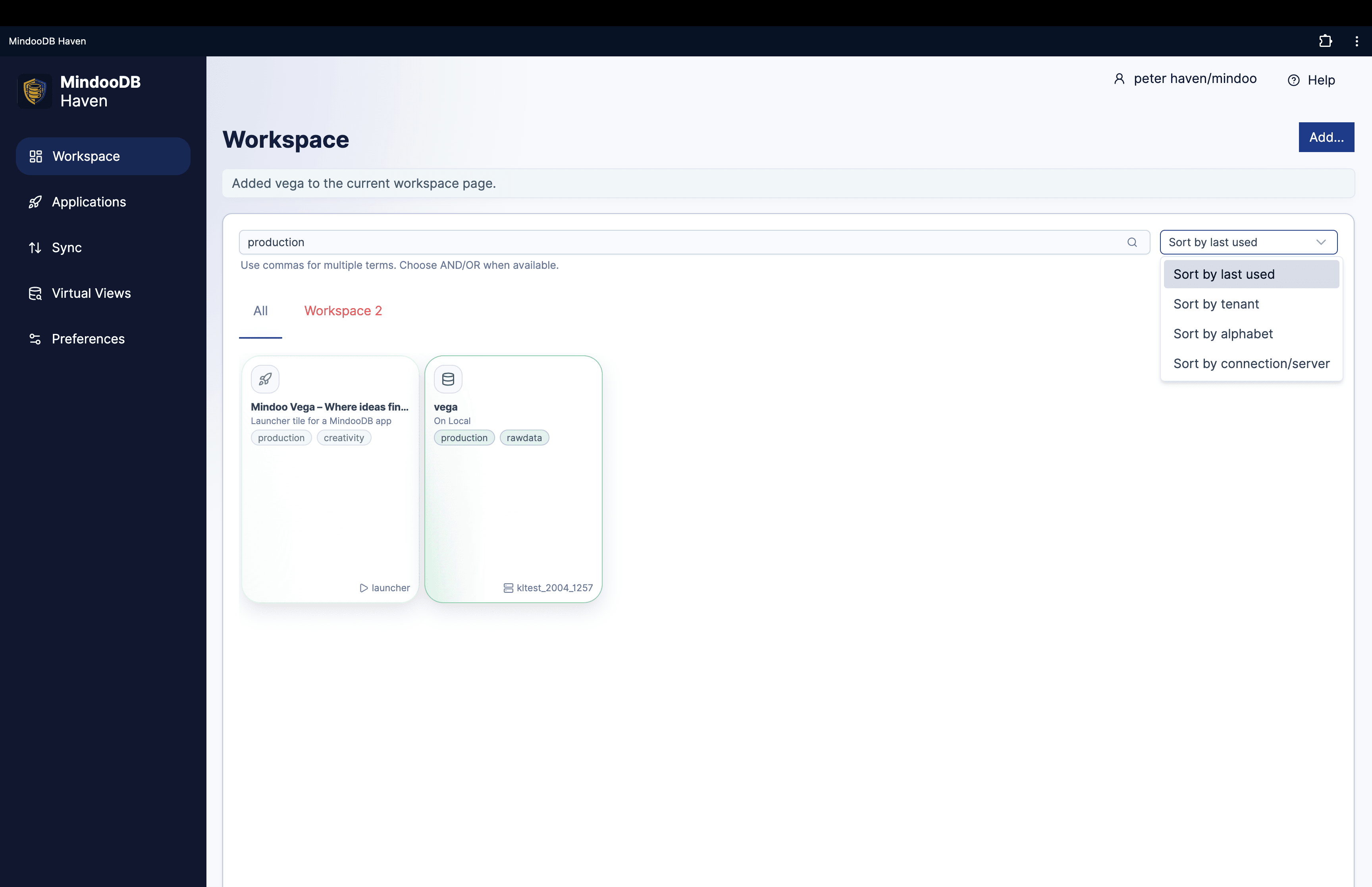 Haven workspace search results on the All tab with the sort options menu open