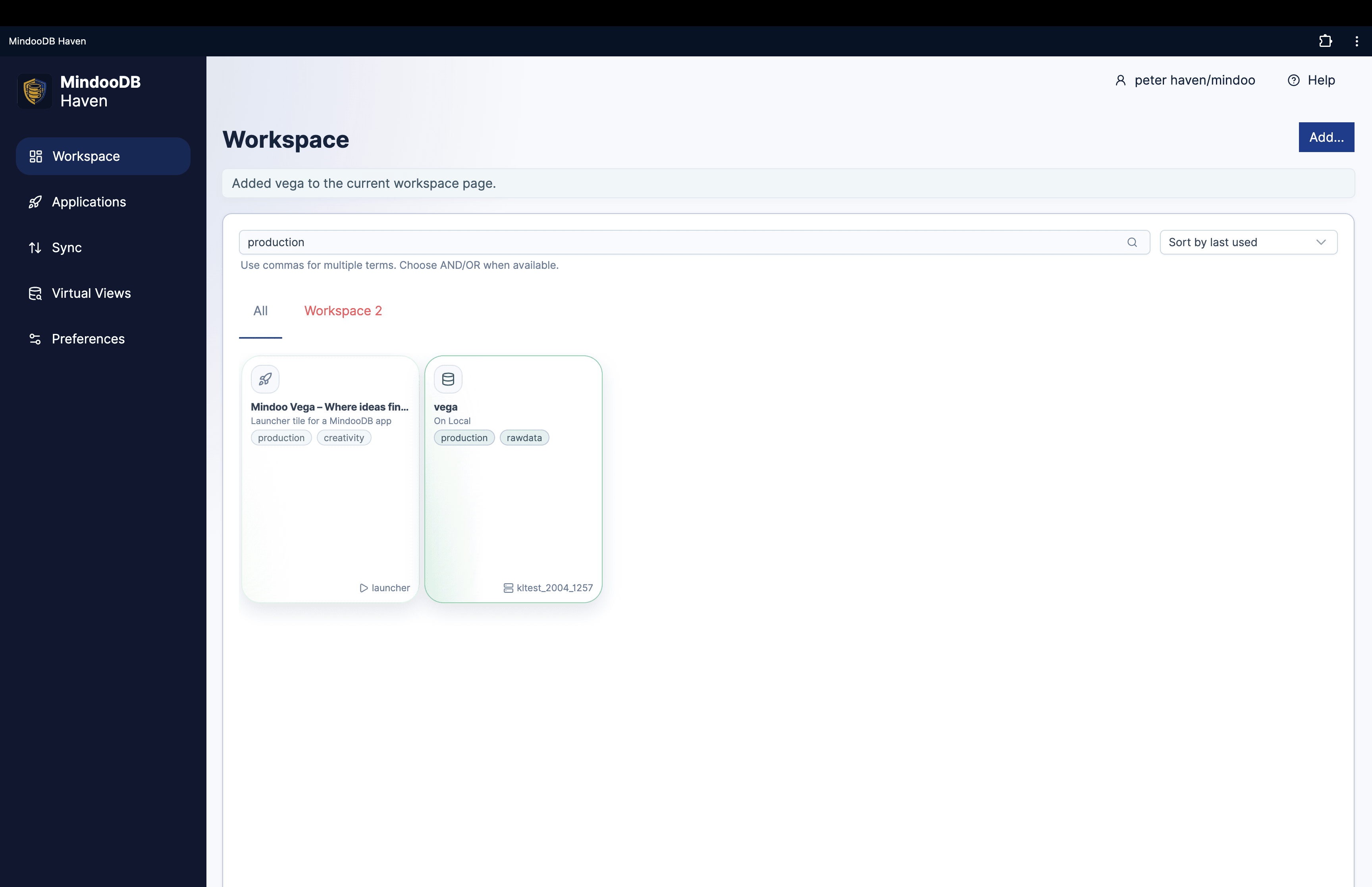 Haven workspace search result on the All page