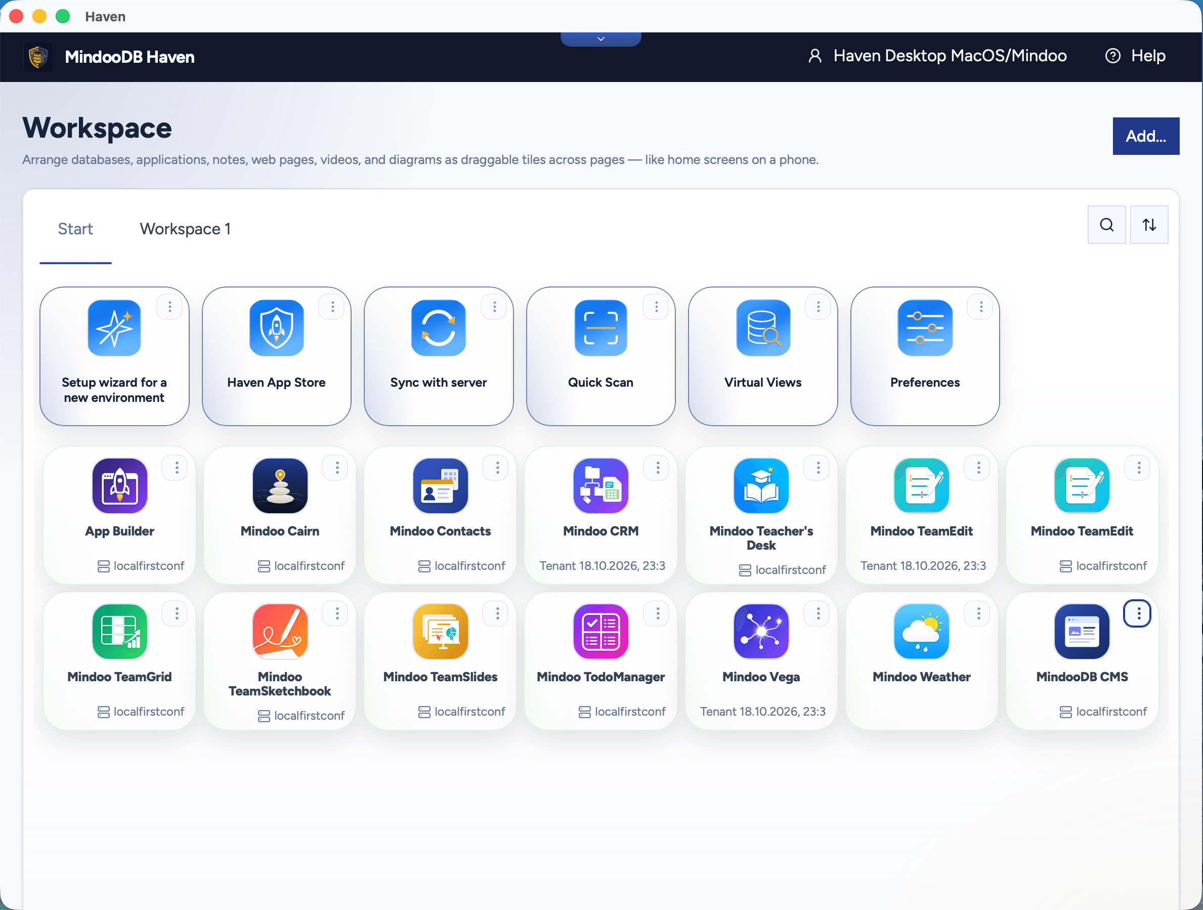 MindooDB Haven workspace in light mode: the Start tab with tiles for the setup wizard, Haven App Store, Sync with server, Quick Scan, Virtual Views and Preferences, followed by launchers for the installed apps such as App Builder, Mindoo Cairn, CRM, TeamEdit, TeamGrid, TeamSlides and MindooDB CMS