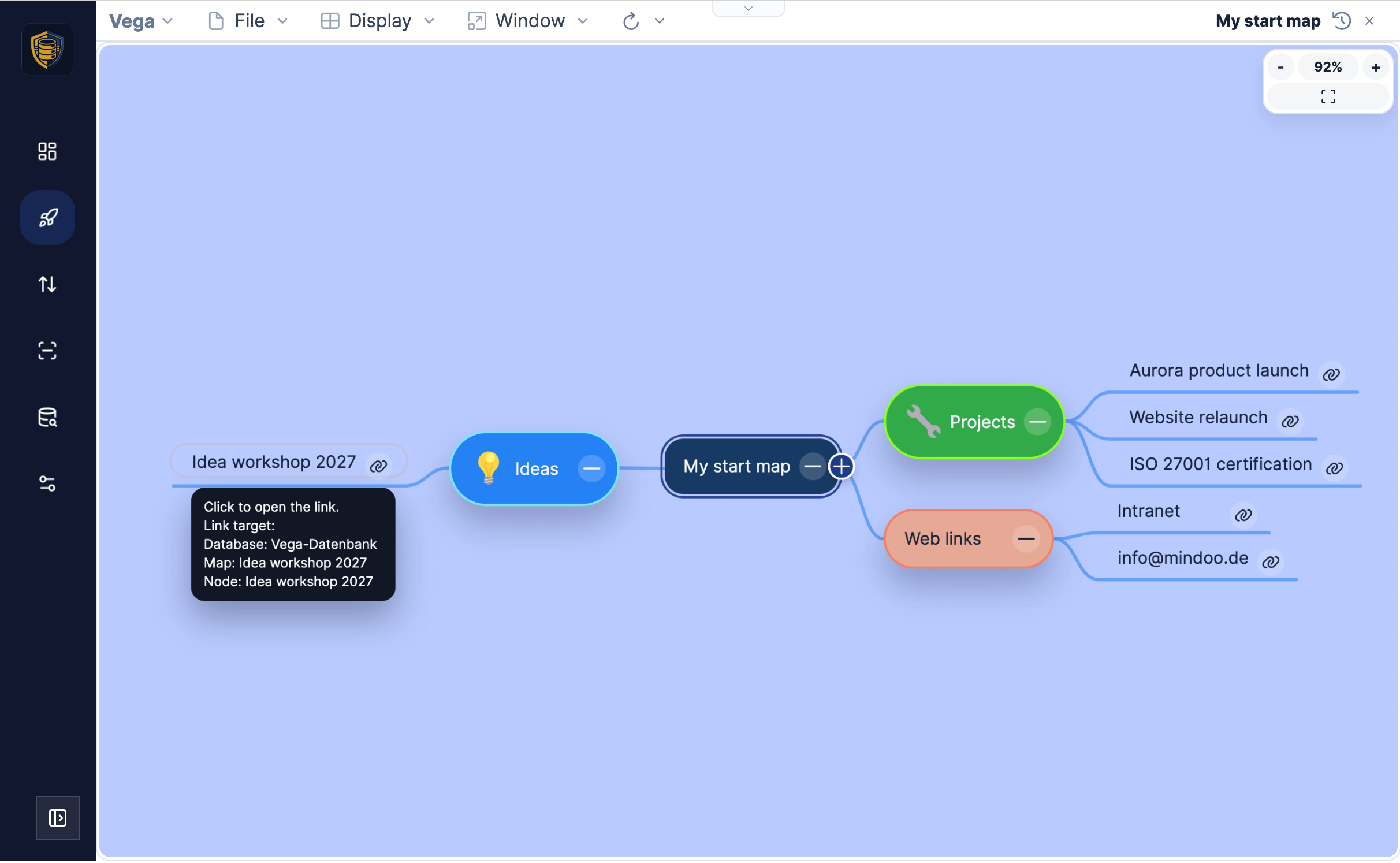 A small Vega start map: a central "My start map" node with branches for Ideas, Projects and Web links, whose children are link nodes to other mind maps and to a web address, with a tooltip showing the link target's database, map and node