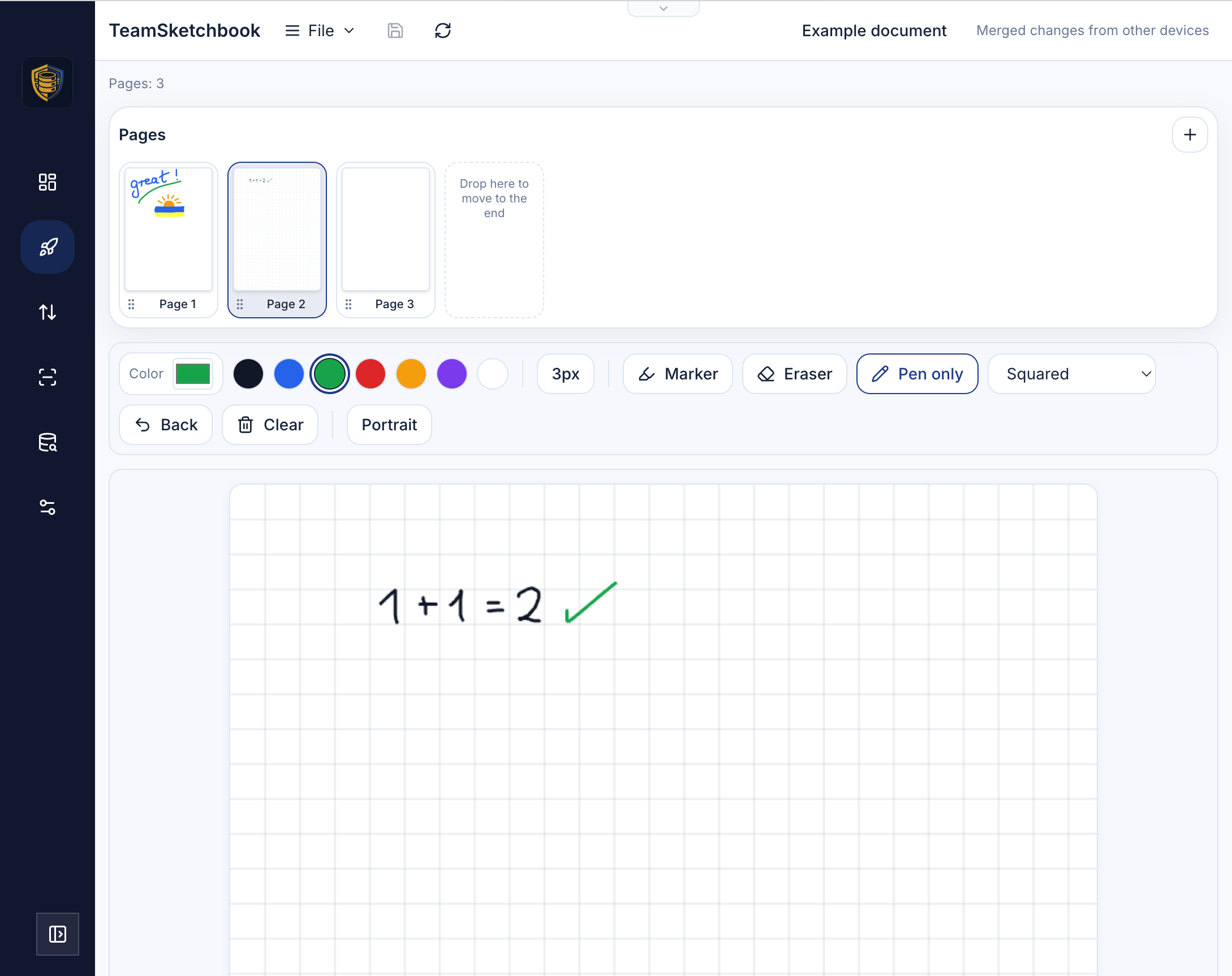 A squared-paper page in TeamSketchbook showing a handwritten "1 + 1 = 2" with a green check mark