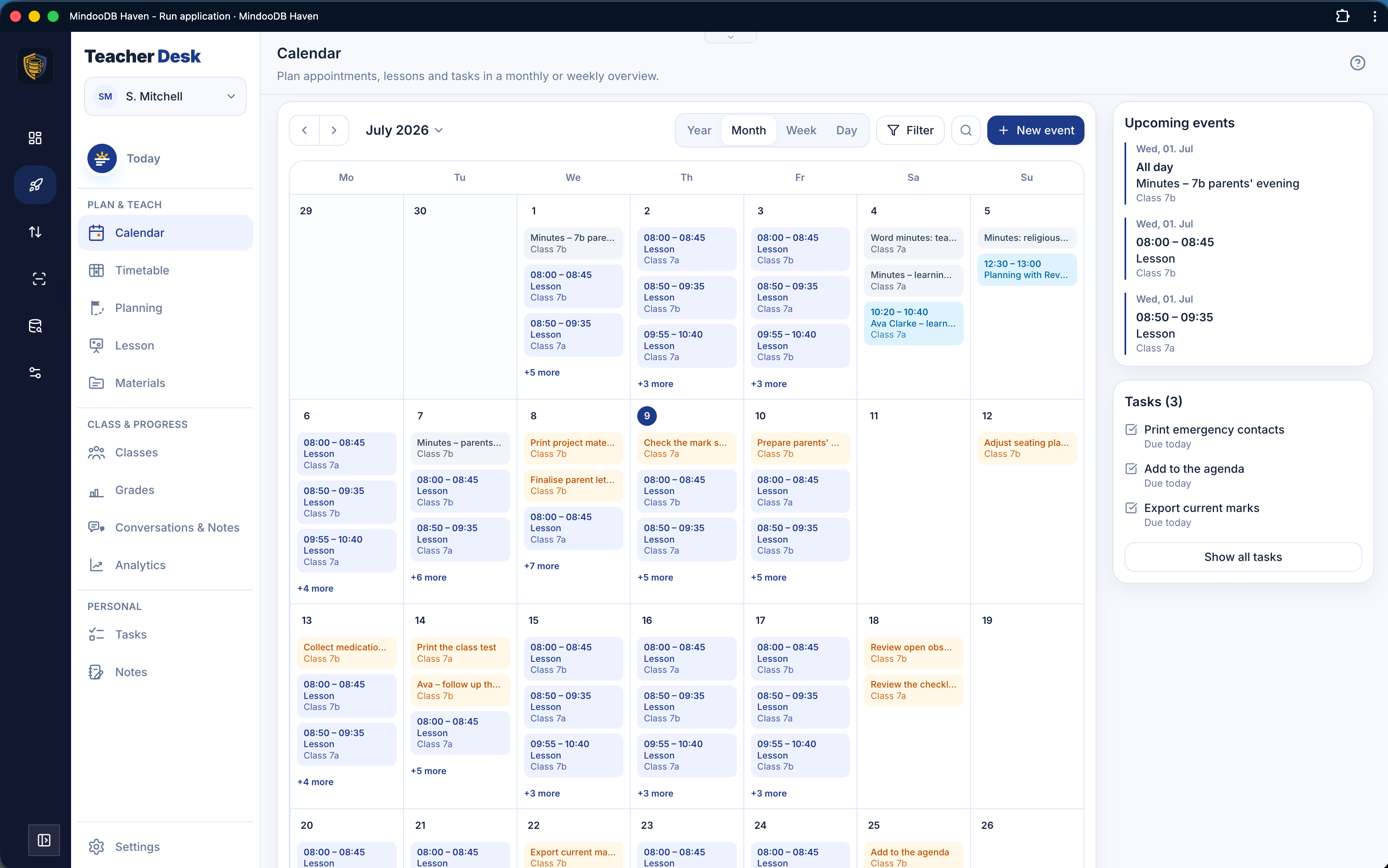The Teacher's Desk month calendar showing lessons and events across the weeks