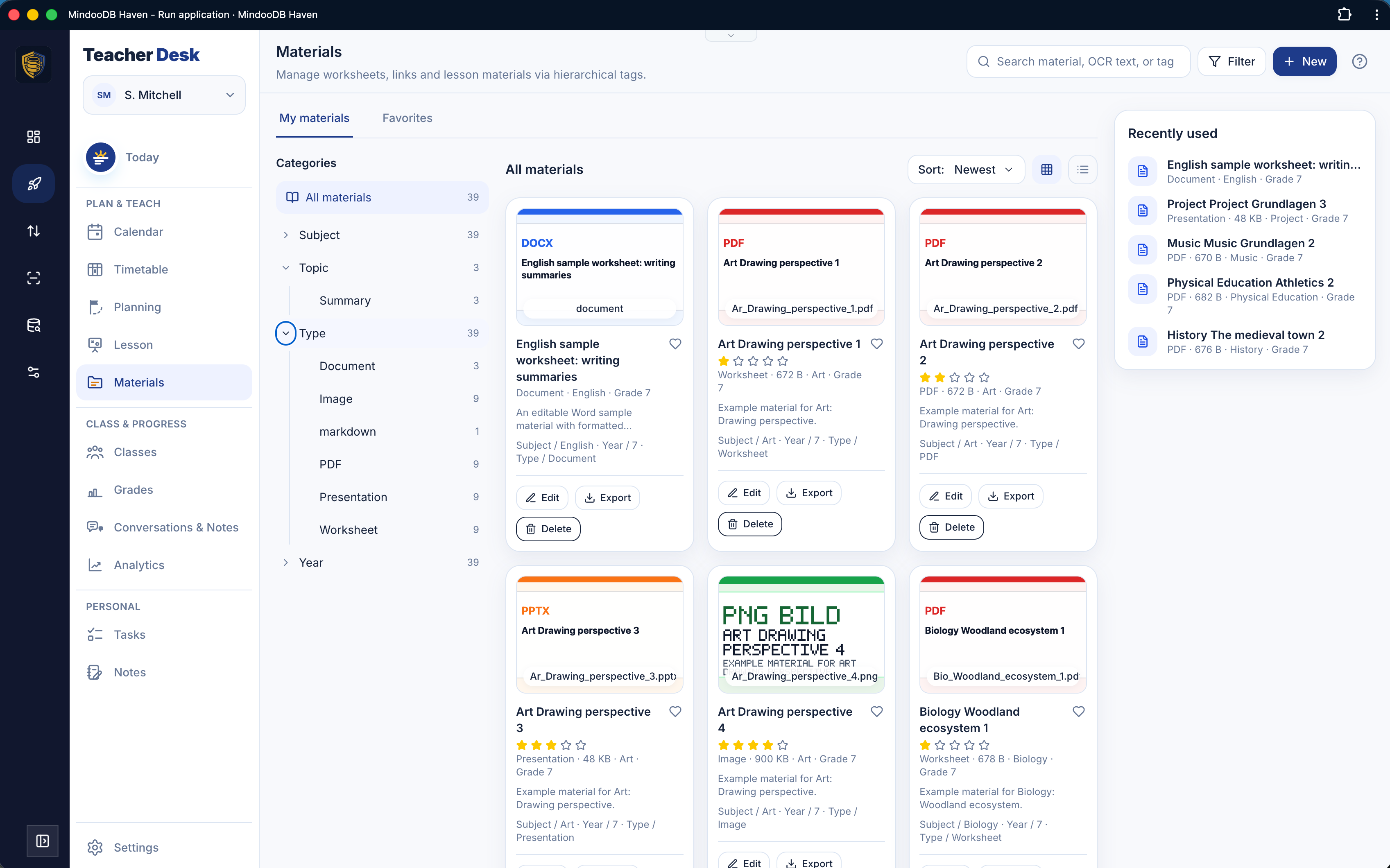 The Teacher's Desk materials library: cards for worksheets and documents, category filters on the left, and a search box that also searches recognised text in scans