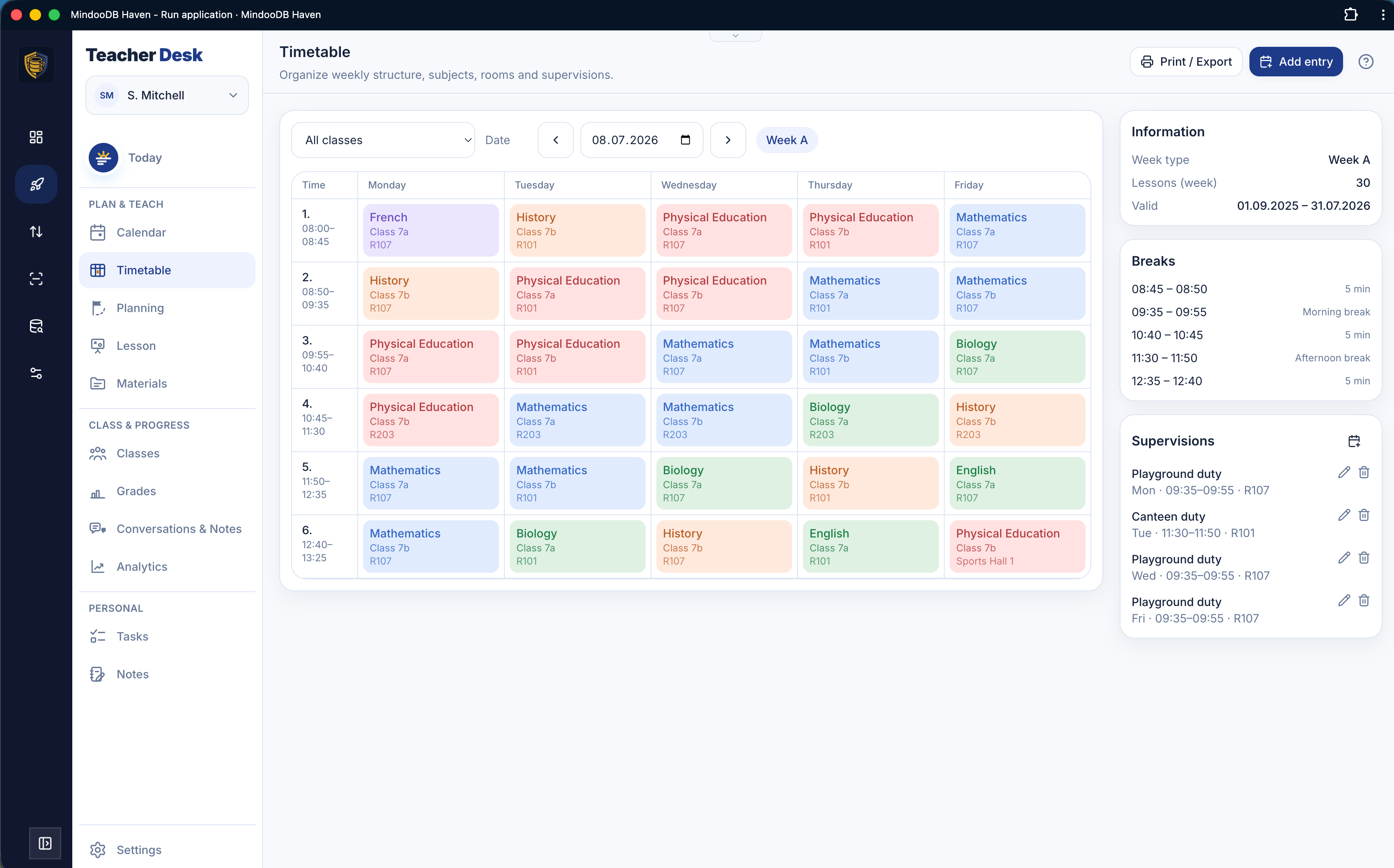 The Teacher's Desk weekly timetable, a colour-coded grid of classes and subjects, with breaks and supervisions listed alongside