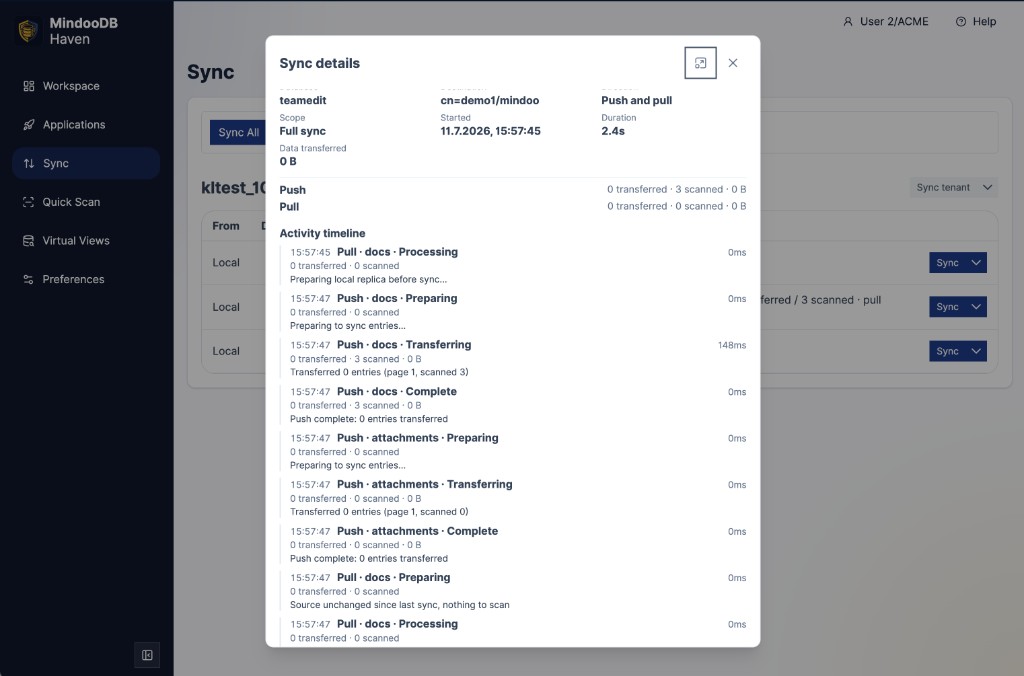 The Sync details dialog in Haven: scope, duration and data transferred at the top, push and pull totals, and an activity timeline breaking each sync into preparing, transferring and complete phases with per-phase timings