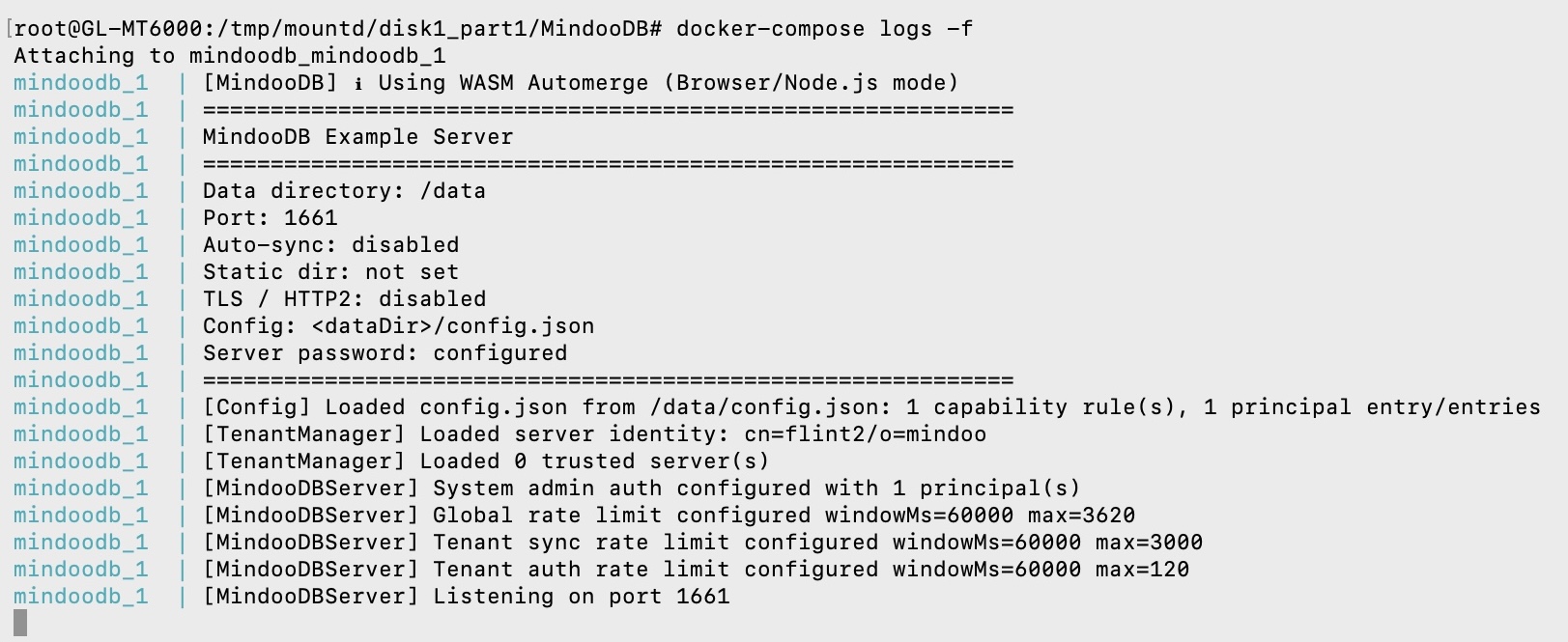 The router terminal running docker-compose logs -f: attaching to mindoodb_mindoodb_1, the first line "Using WASM Automerge (Browser/Node.js mode)", then the MindooDB Example Server banner with data directory /data, port 1661, auto-sync disabled, no static dir, TLS and HTTP2 disabled, config at dataDir/config.json and server password configured; below it the config loaded with 1 capability rule and 1 principal entry, "Loaded server identity: cn=flint2/o=mindoo", 0 trusted servers, system admin auth configured with 1 principal, the global rate limit of 3620 per 60 seconds and the per-tenant sync and auth limits of 3000 and 120, and the final line "Listening on port 1661"