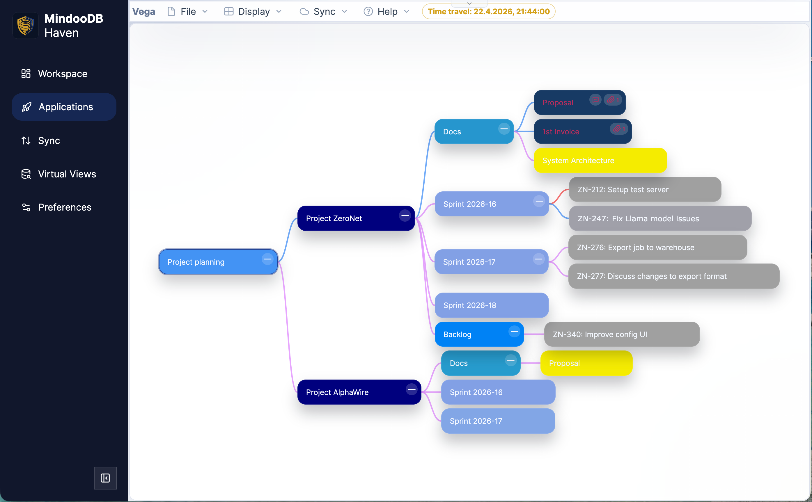 One more minute earlier, at 21:44:00 - the System Architecture and Proposal nodes have only just been created and are both still entirely yellow. The snapshot precision is the precision of the underlying change history itself