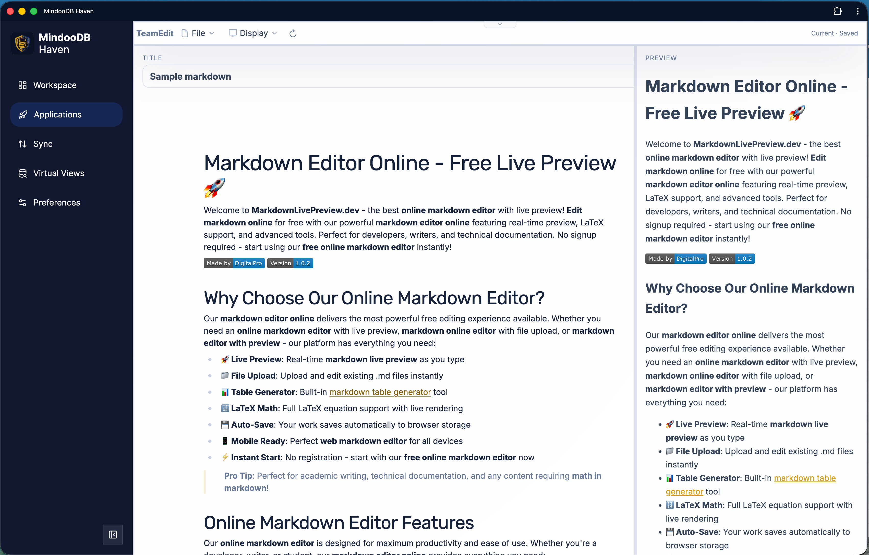 TeamEdit editing a markdown document with a live preview pane in MindooDB Haven